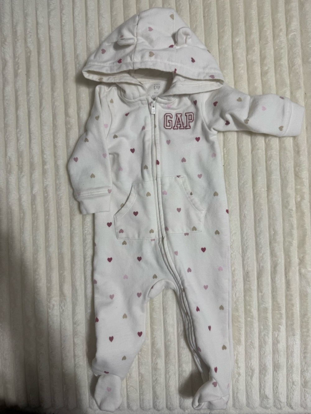 GAP White Hooded Footie with Pink and Taupe Heart Print